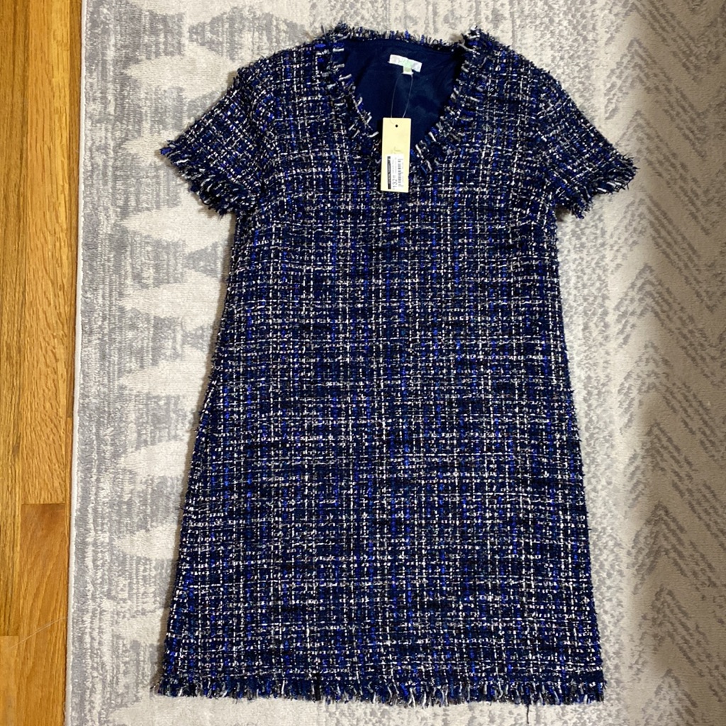 Nwt Jade Navy Weave, Frayed Shift Dress